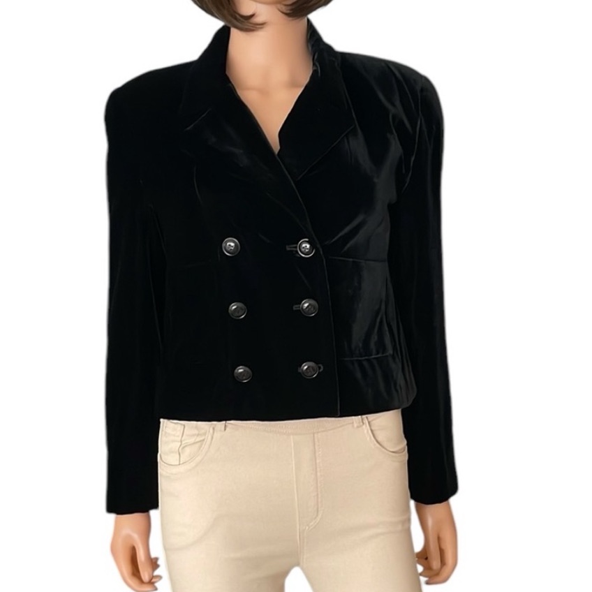 Vintage Carlisle Plush Black Velvet Double Breasted Blazer Soft Textured Cropped